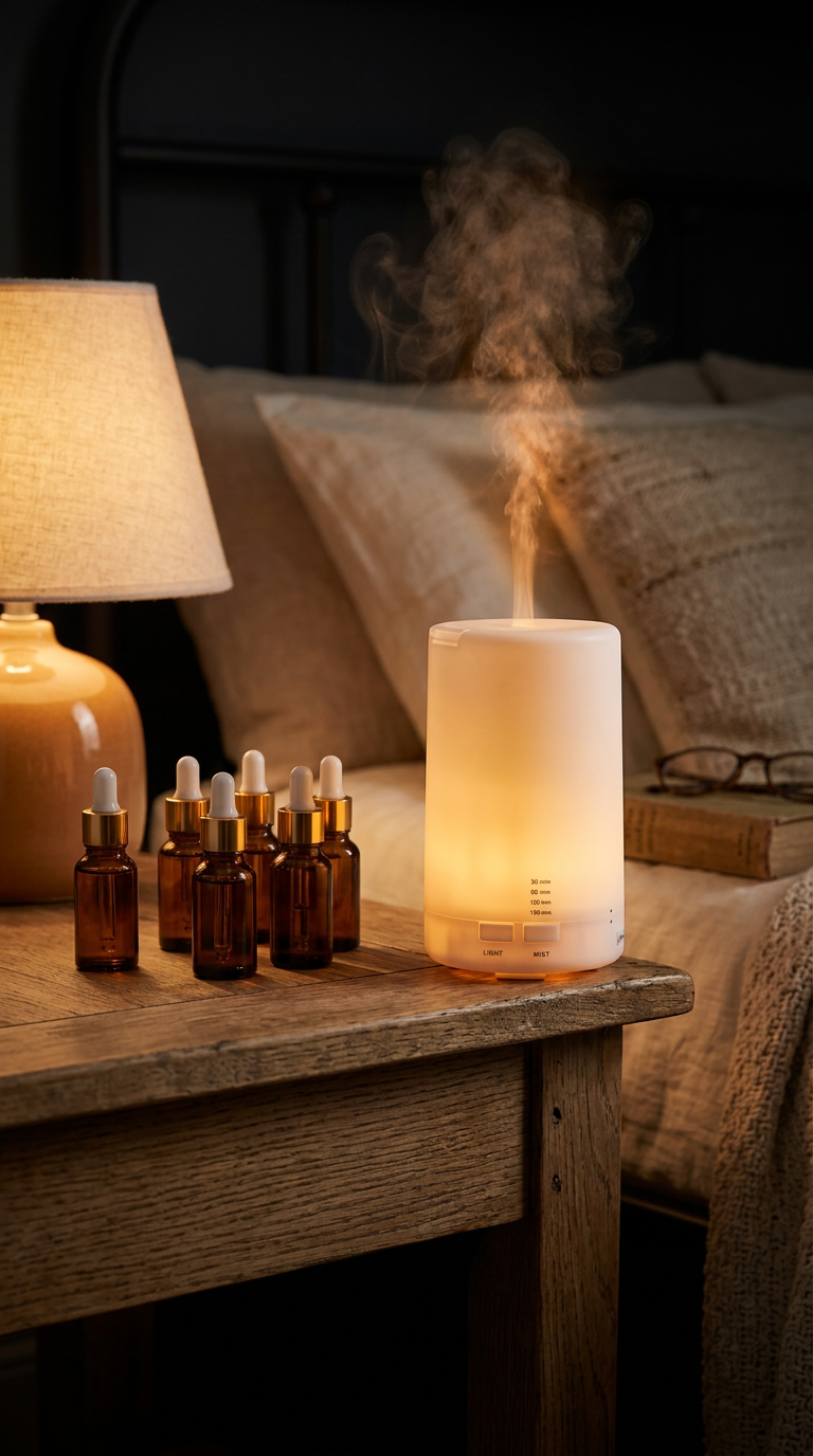 AuraMist Ritual Kit — diffuser glowing with essential oils in a cozy bedroom