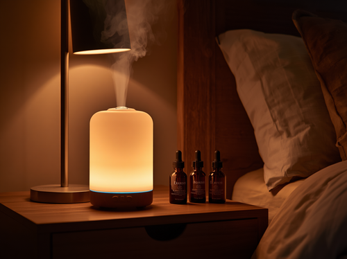 AuraMist diffuser misting beside essential oils on a bedroom nightstand