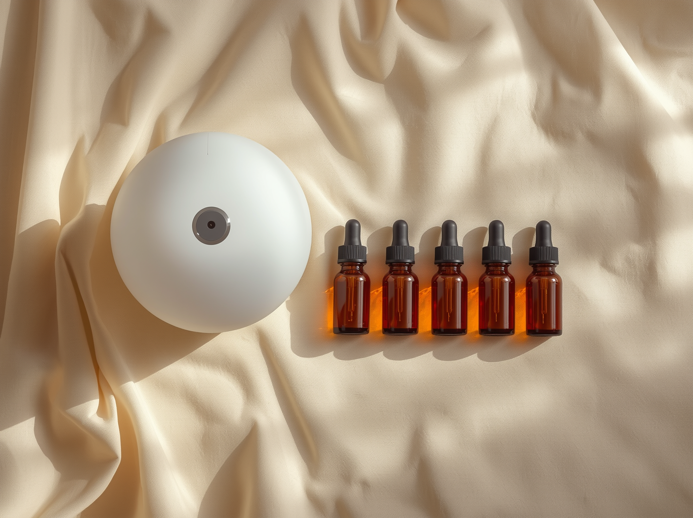 AuraMist Ritual Kit flat lay — diffuser and six essential oils