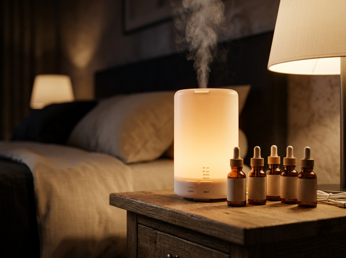 AuraMist diffuser glowing on a nightstand at night