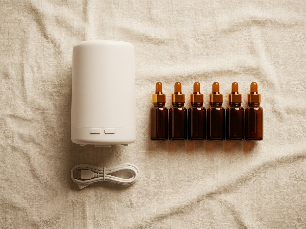 Whats included — AuraMist diffuser, USB cable and essential oils