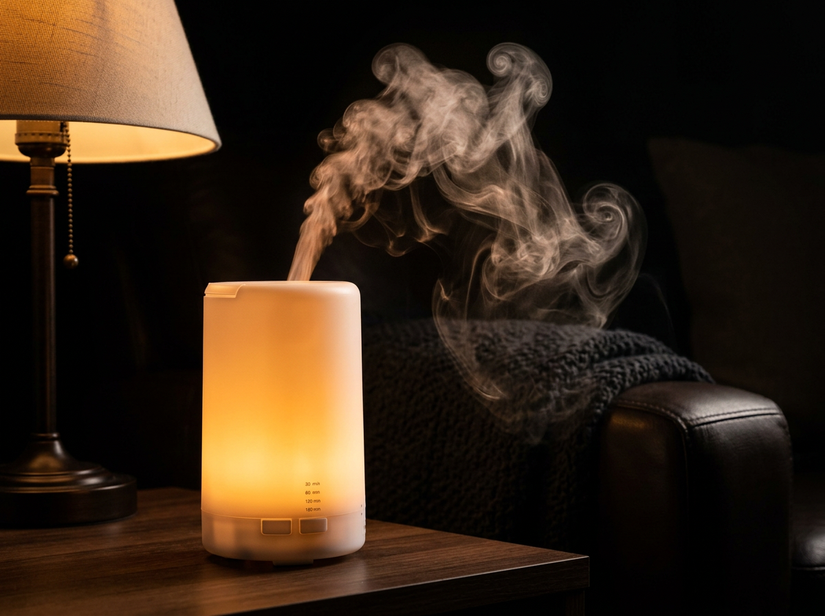 AuraMist diffuser releasing cool mist in a cozy bedroom