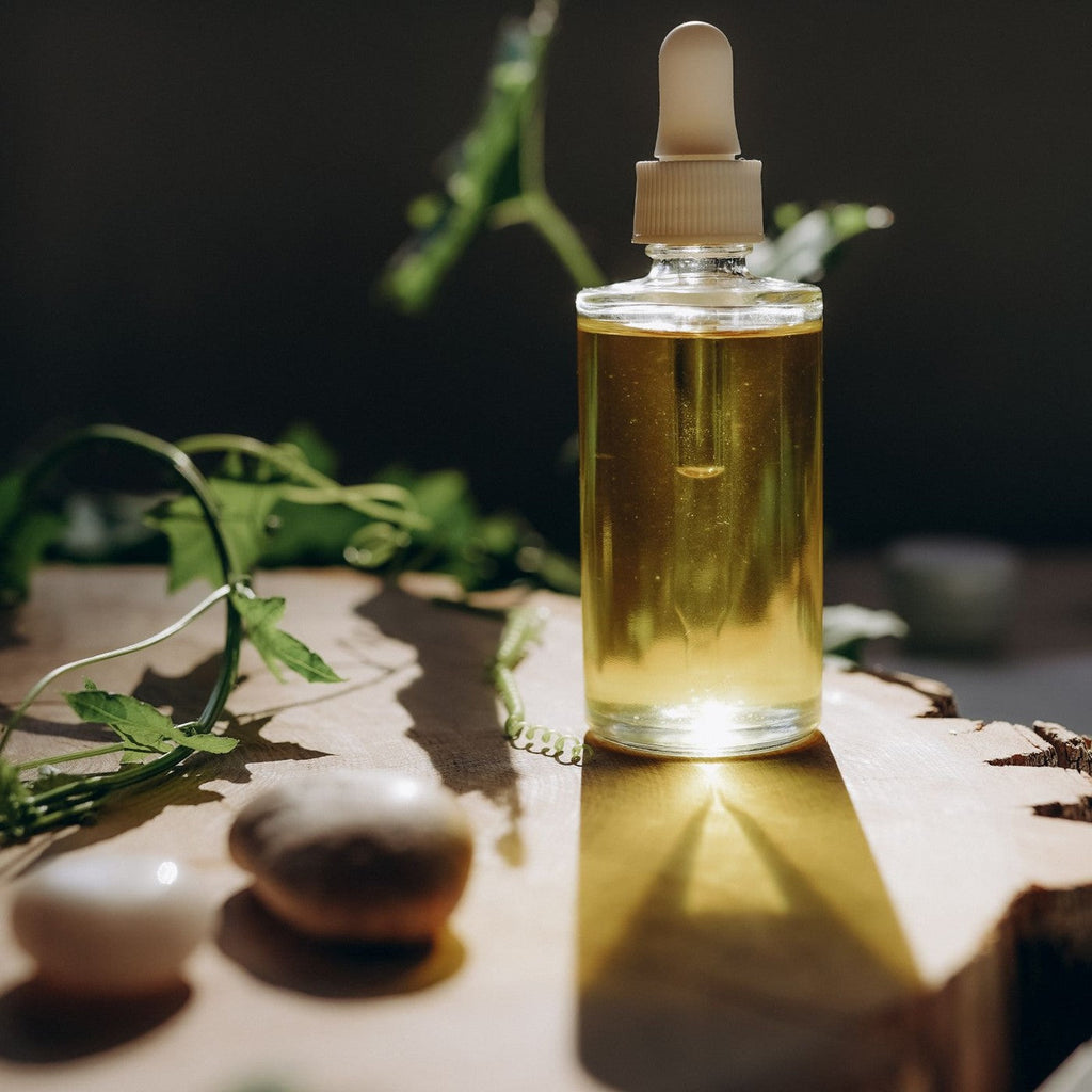 AuraMist aromatherapy oil in warm light