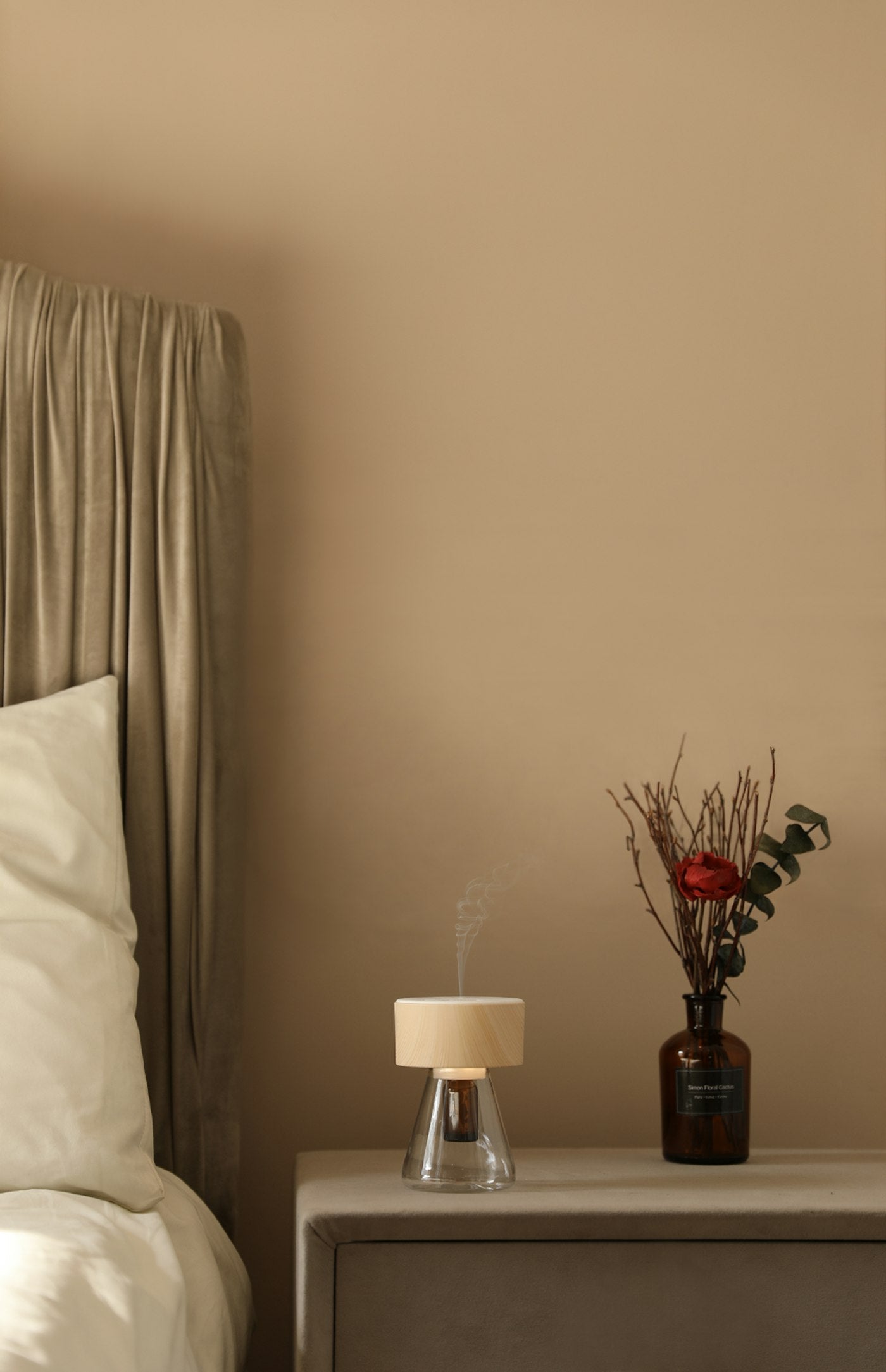 Aromatherapy diffuser in calm bedroom